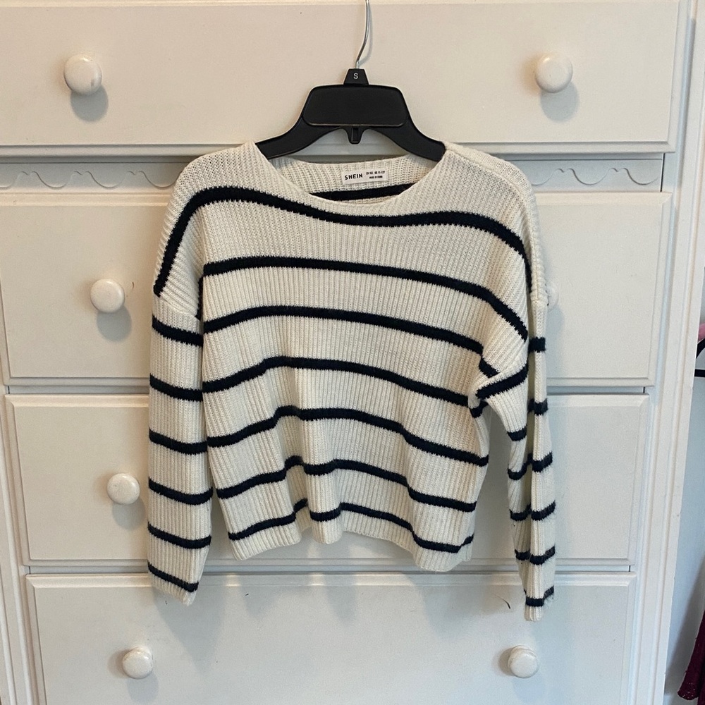Shein Women's Ribbed Sweater - Cream and Black Stripes